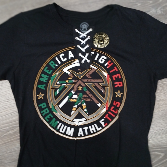 Women's American Fighter Black Tee with Gold and Green Accents - Picture 3 of 3